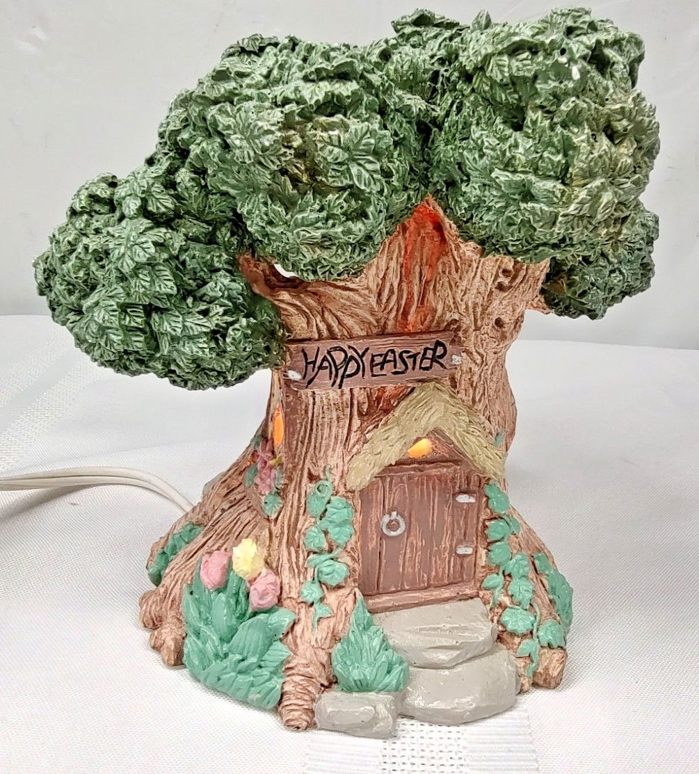 Happy Easter Tree House Village Lighted Light 5.5″ Ceramic Decoration Textured