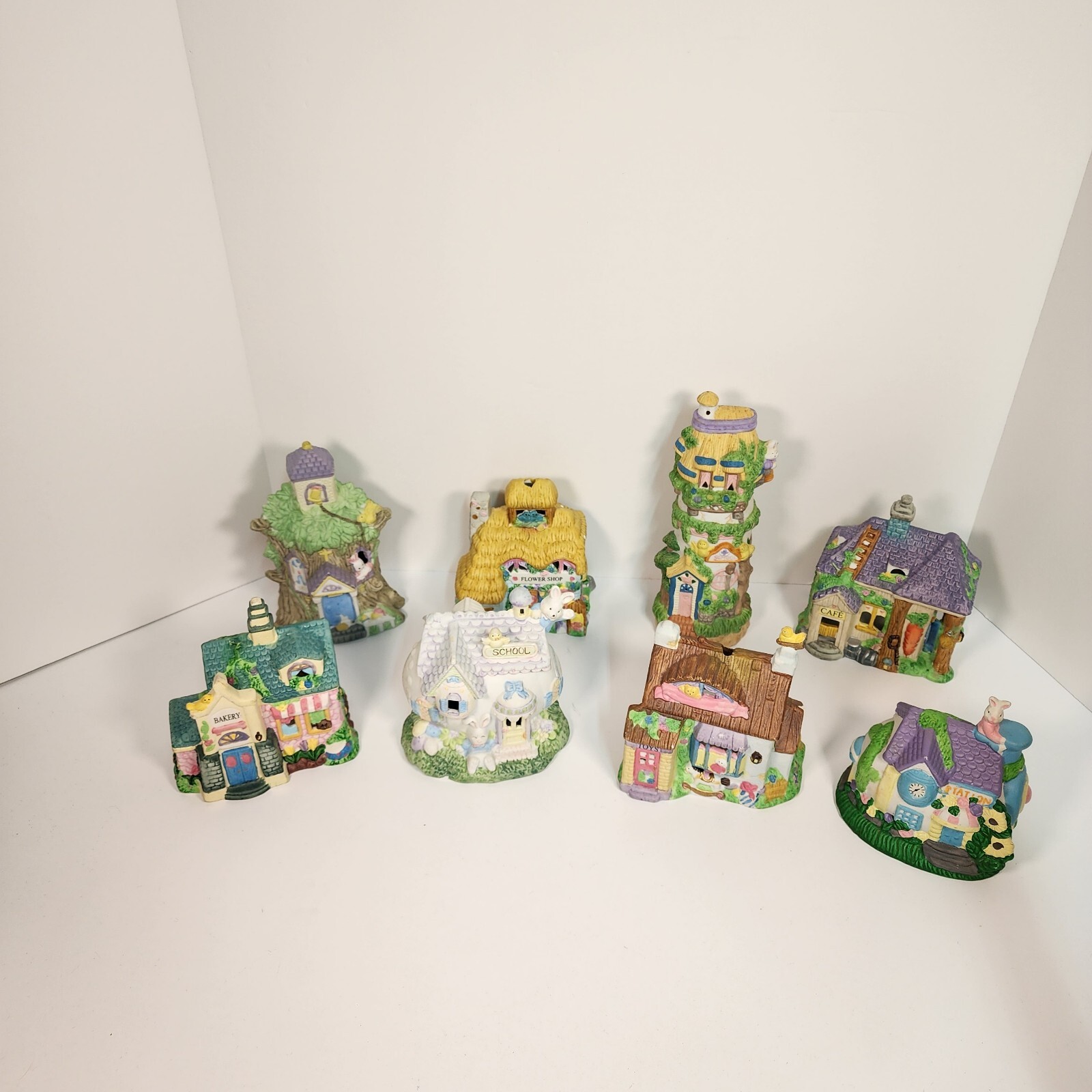 Lot of 8 Easter Village Pieces Flower Shop, Bakery, Cafe, Schools, Toy Shop…..