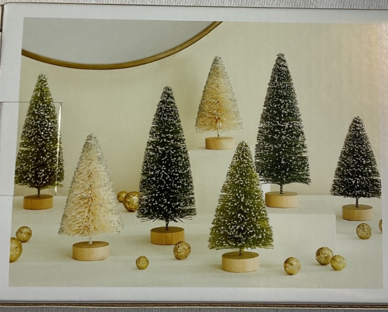 Evergreen Grove (10) Bottle Brush Christmas Trees Green White Silver 4 in NIB