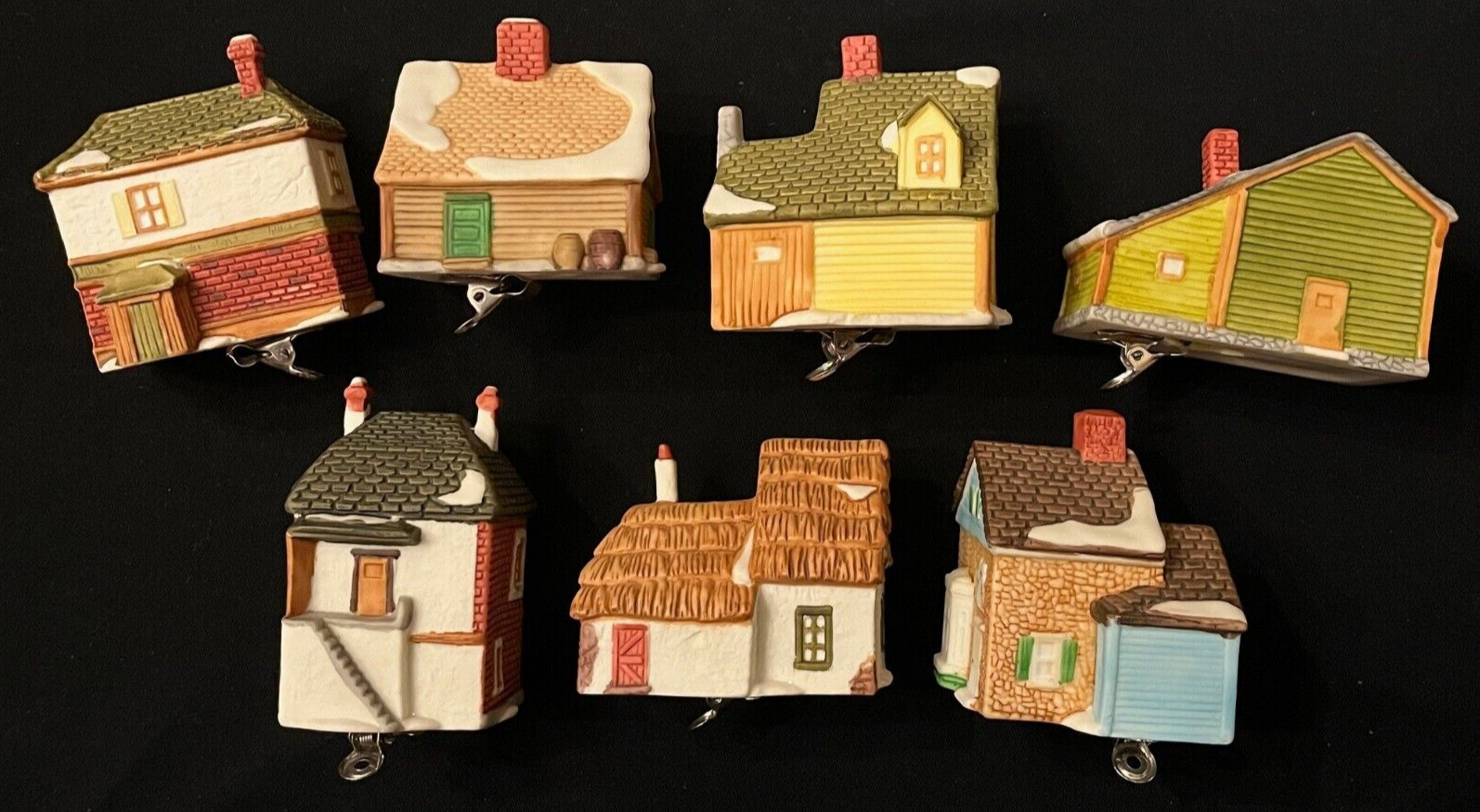 Set of 7 Dept 56 NE Village Hand-Painted Bisque Lite-Up Ornaments with Clips