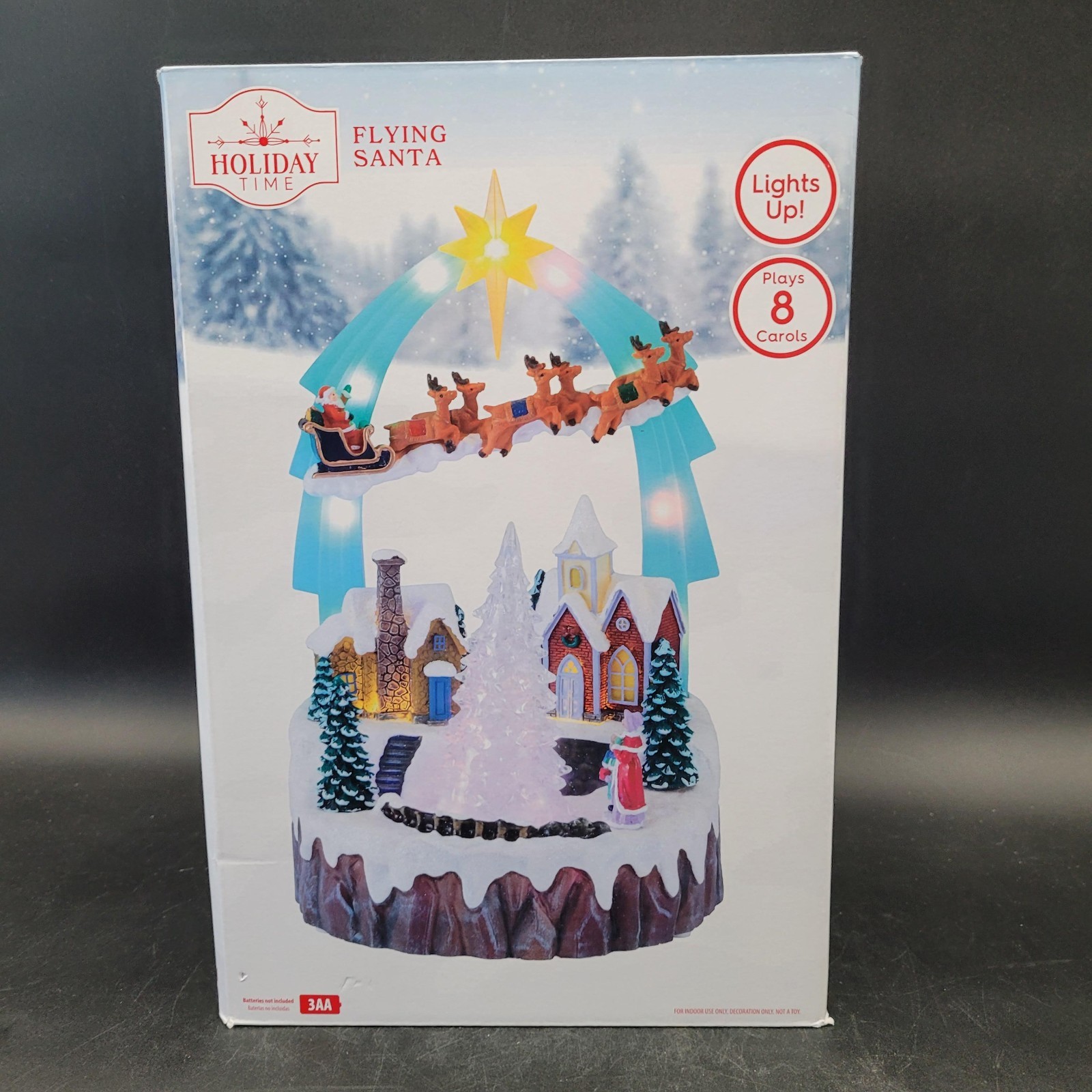 New NIB Holiday Time Musical Flying Santa Lights Up Plays 8 Carols 11.5″ Tall