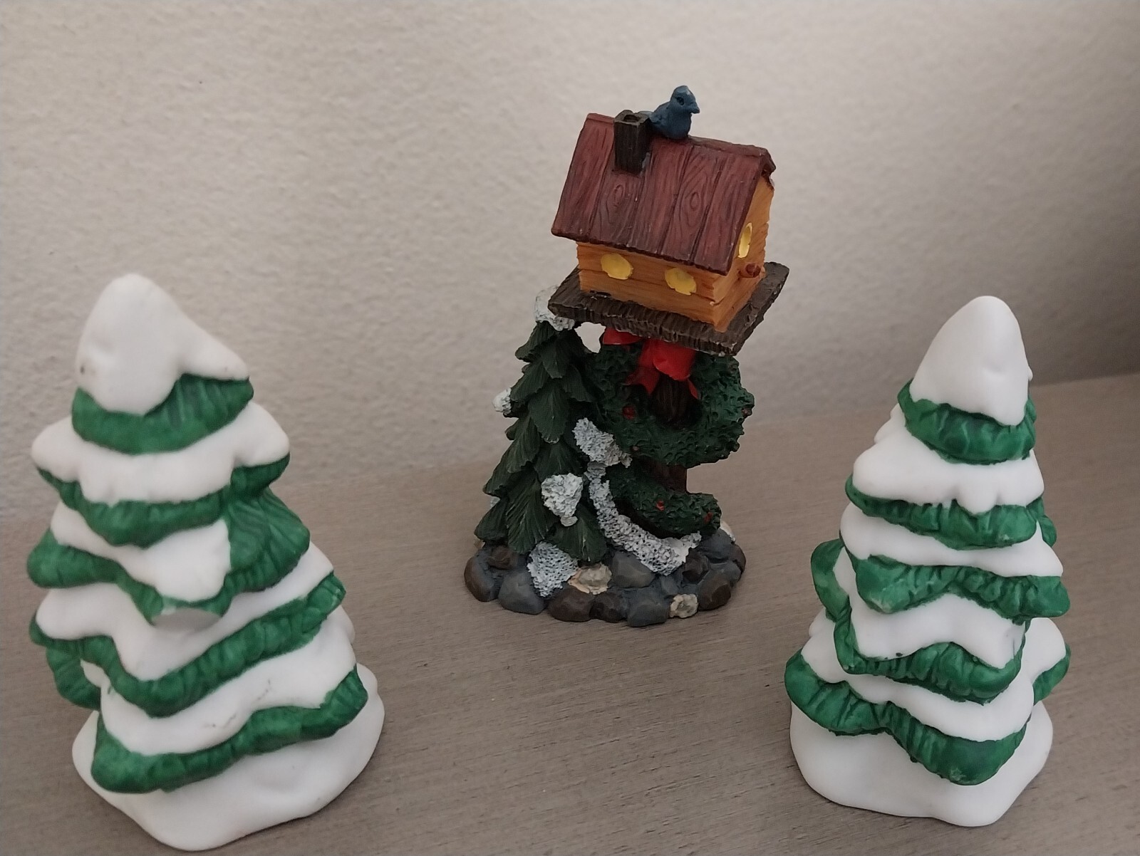 Lot of 5 Vintage Christmas Village Trees Bird House Ceramic and Resin