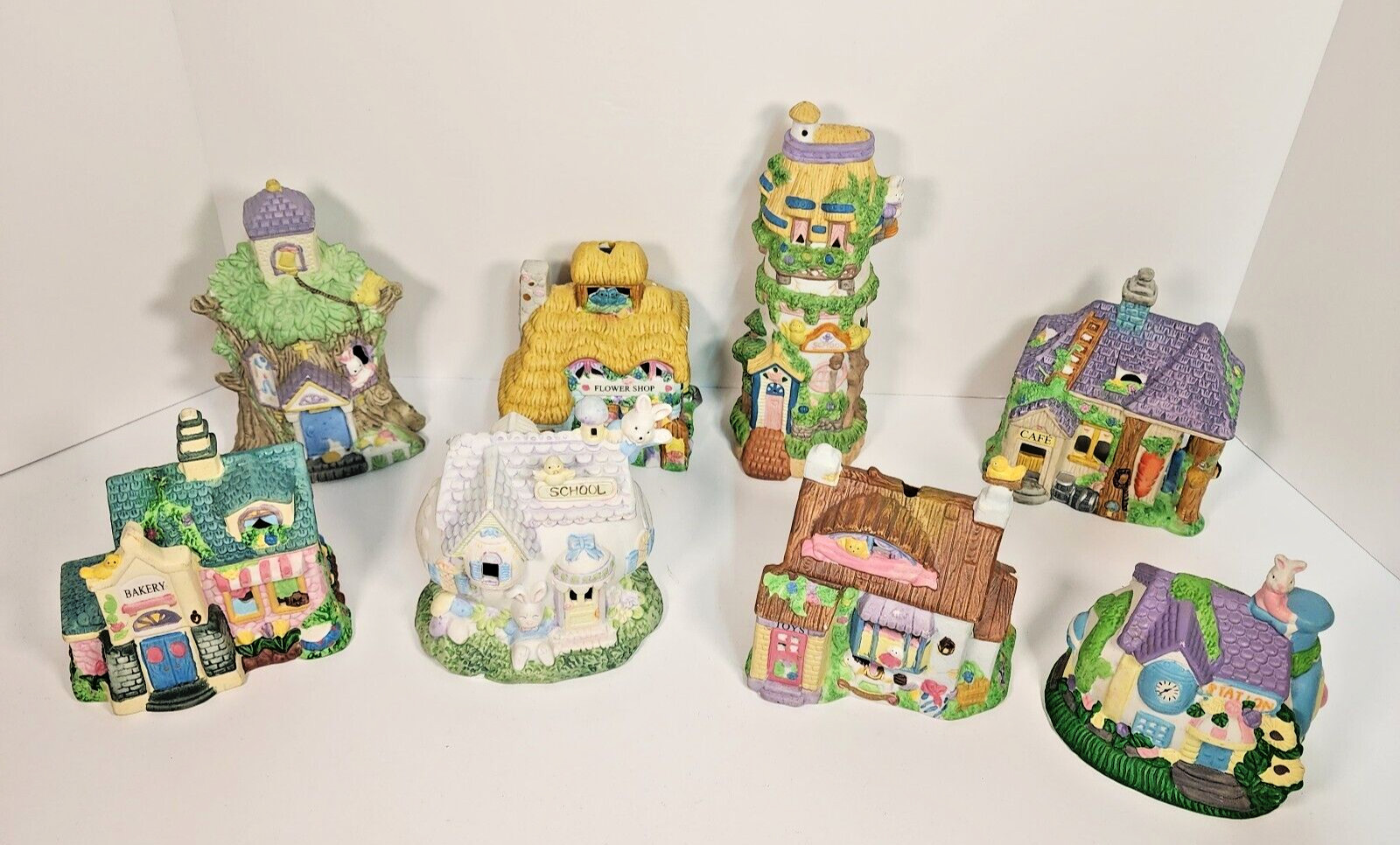 Lot of 8 Easter Village Pieces Flower Shop, Bakery, Cafe, Schools, Toy Shop…..