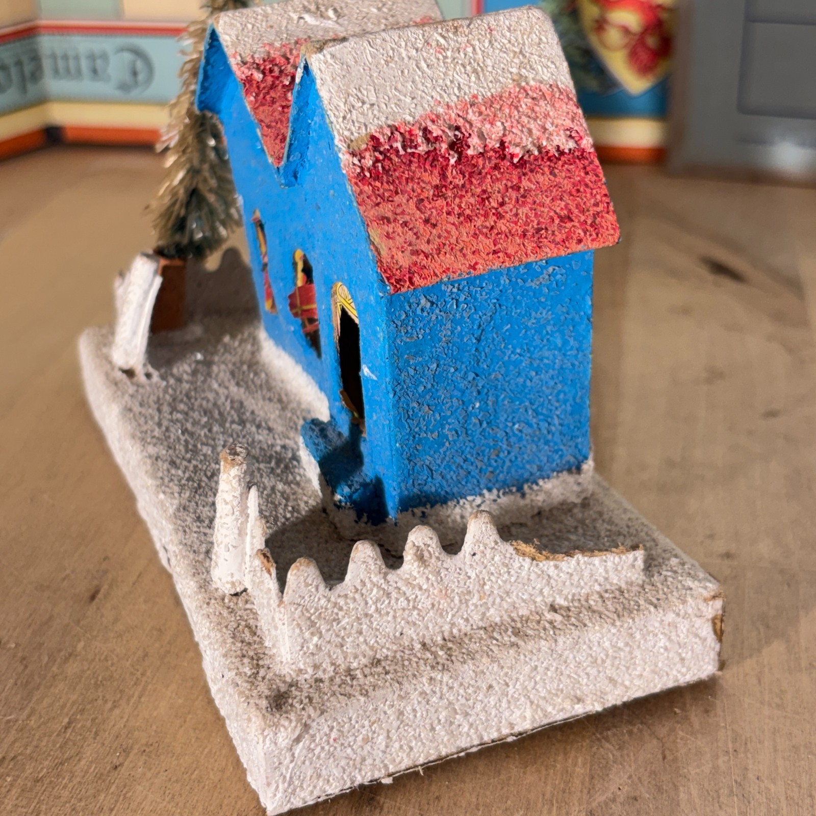 Vintage Christmas Putz House Blue, w Fence and Bottle Brush Tree, Japan