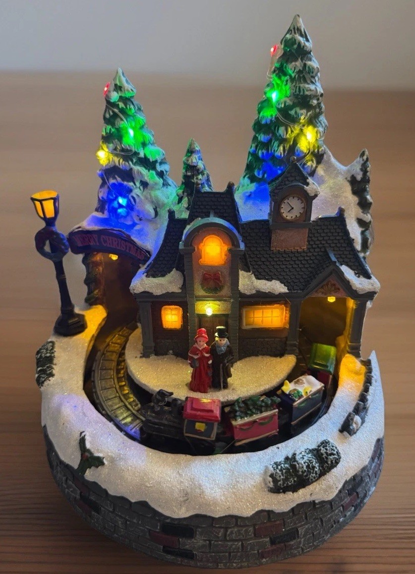 Milager’s Christmas Village Train Station Rotating Train & Optional Music Works