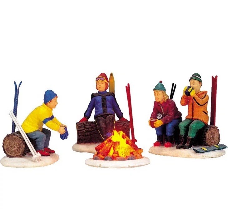 LEMAX Skiers Camp Fire -4 Piece lighted Holiday Village Train Carnival Accent