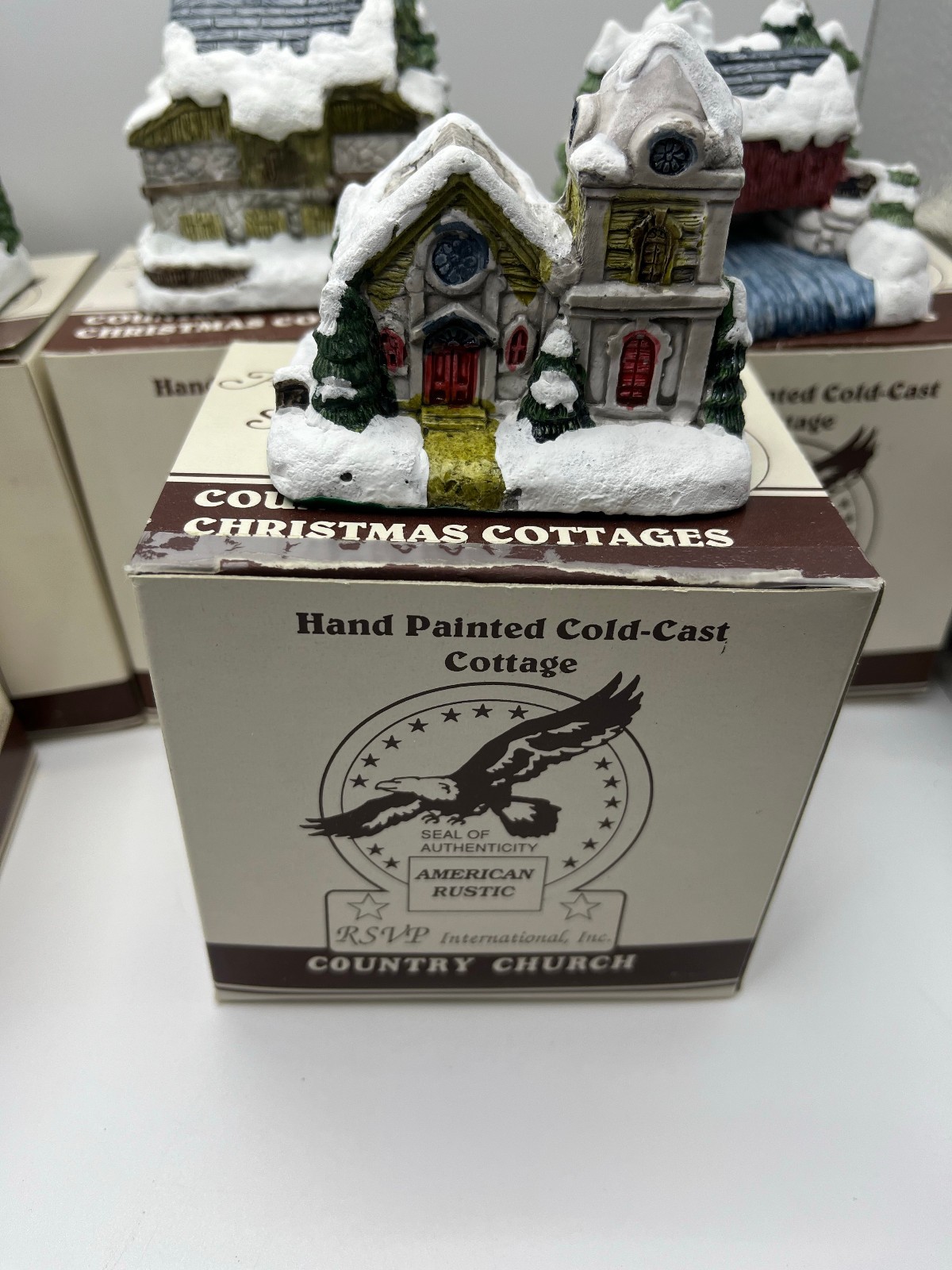 Set of 6 1989 RSVP American Rustic Series Painted Country Christmas Cottages
