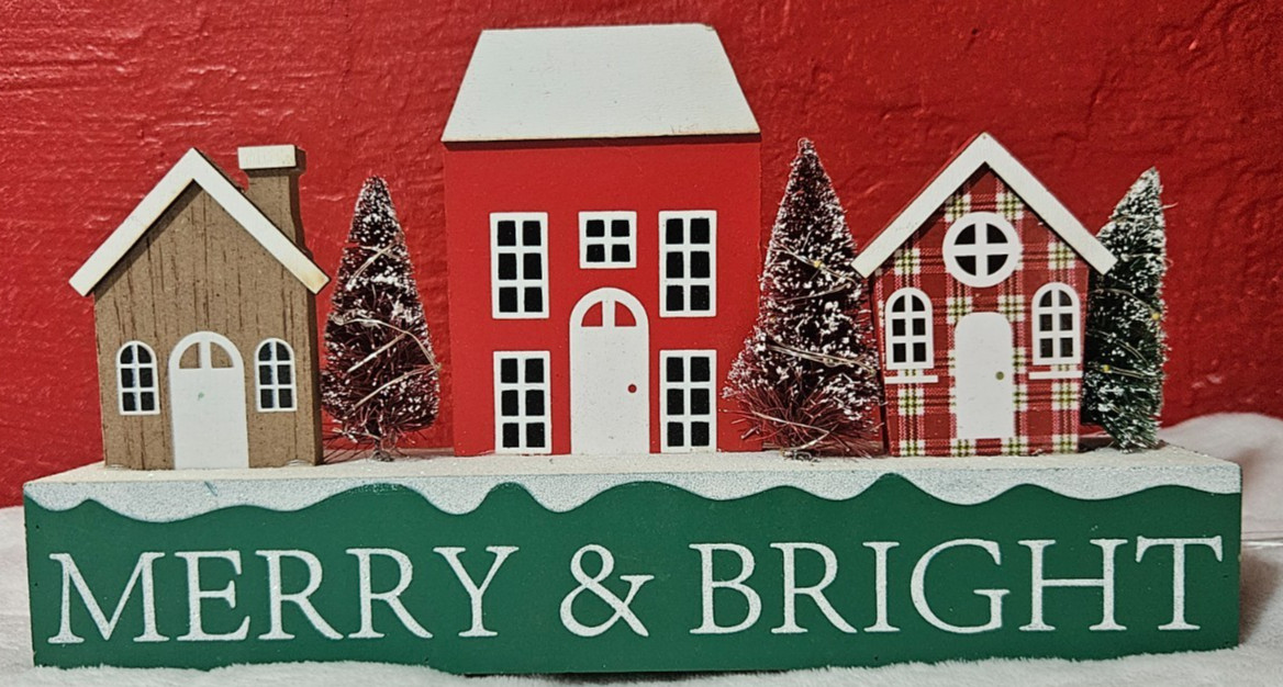 Christmas Village Table Sign Wood Block Merry & Bright Houses Decor Lights Up