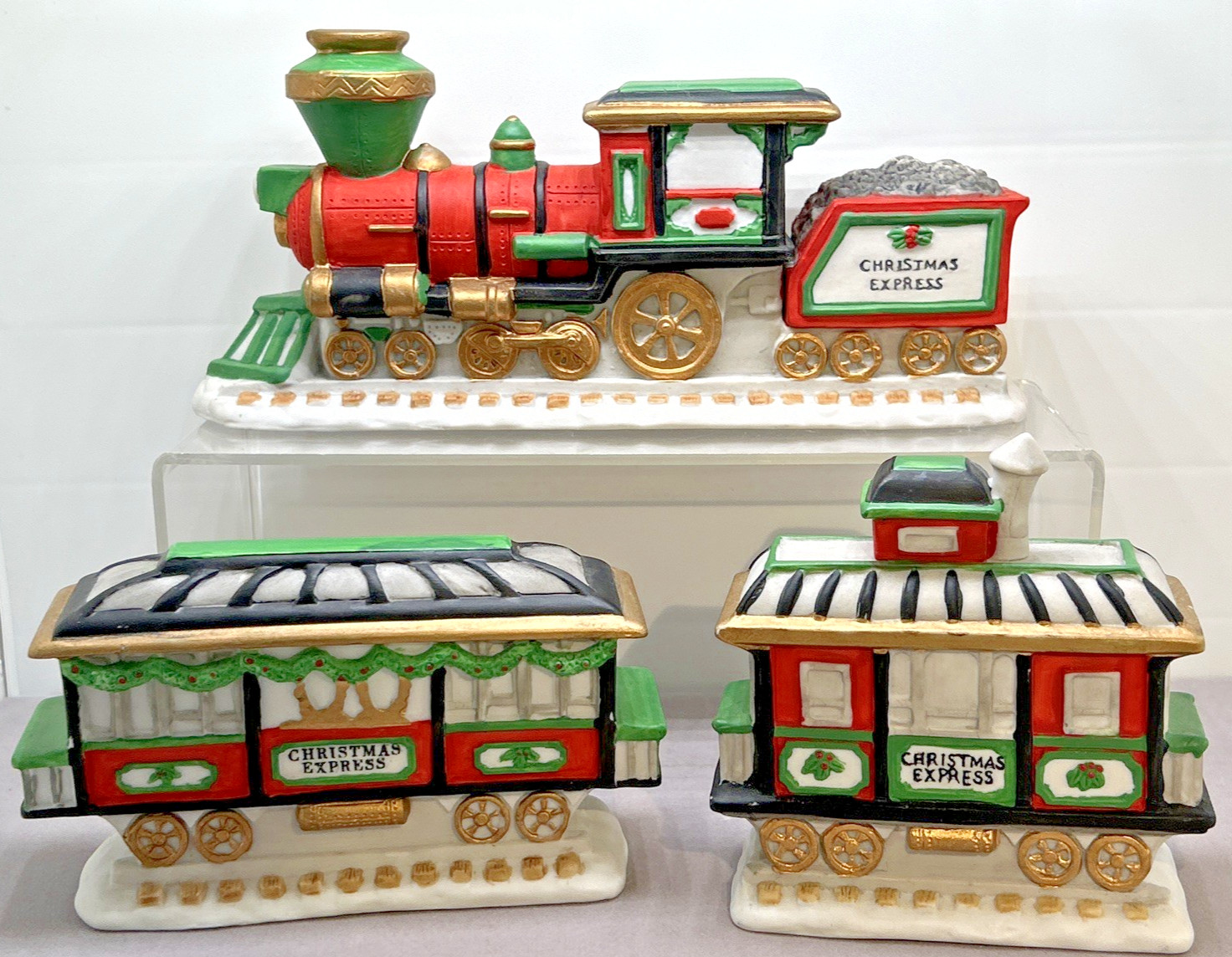 3 pc Holiday Christmas Express Train Car Village Porcelain Ceramic Caboose