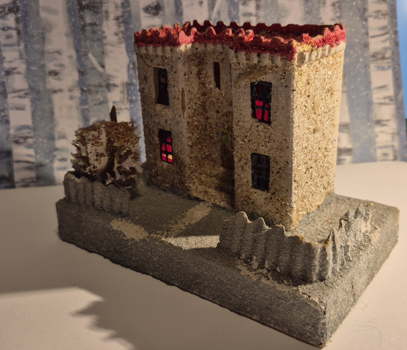 Vintage Putz House Christmas Cardboard Tree Fence Glitter House