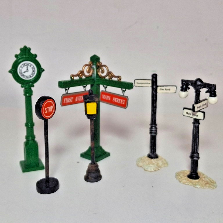 Dept 56 and Unbranded Christmas Village Signs, Mailbox, Fire Hydrant, Lot of 10