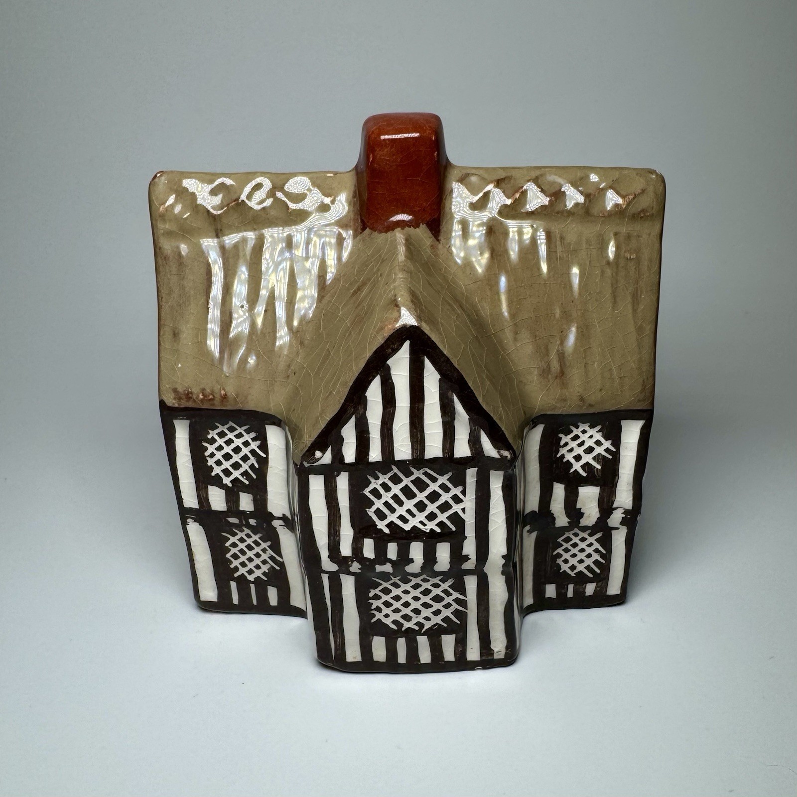 Vintage Mini Village House Hand Painted Glossy Ceramic Brown White Red 2.5″