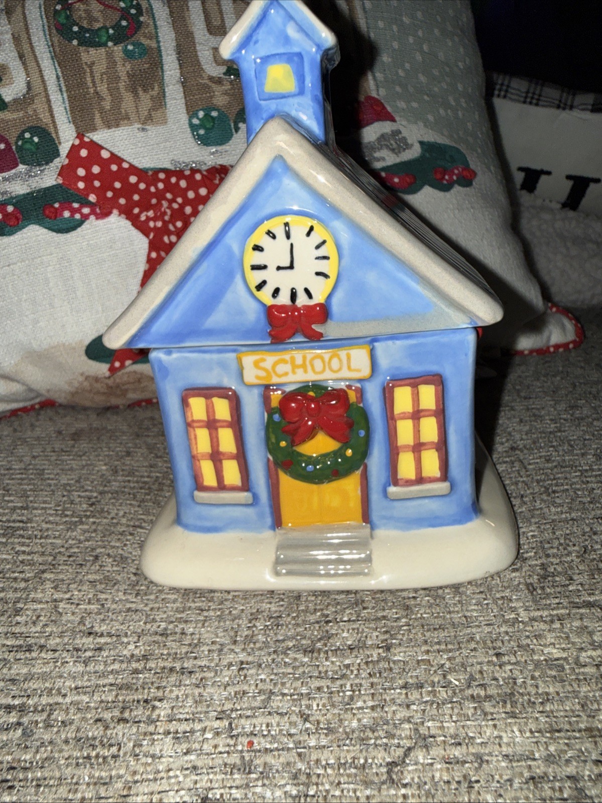 TEMPTATIONS CHRISTMAS VILLAGE HOUSE, 8 OZ. LIDDED CERAMIC RAMEKIN, 6” TALL