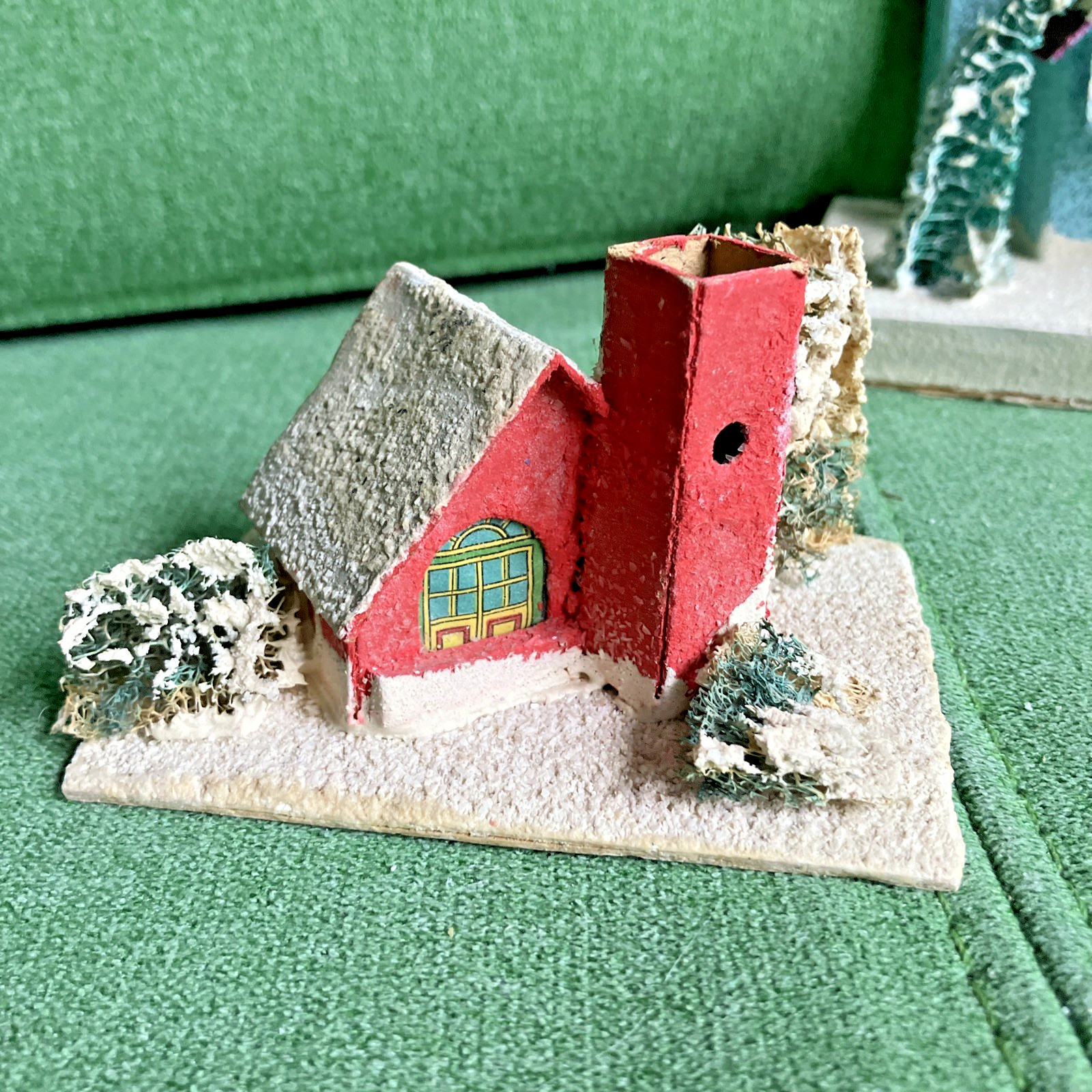 2 Sizes VTG Christmas Putz Houses, Cardboard w Mica Glitter, Windows, Trees