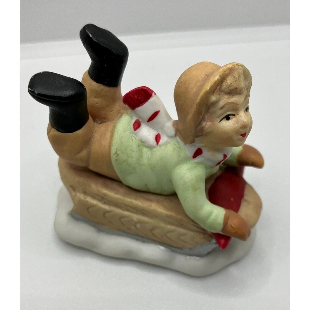 Christmas Village Boy Sledding Blonde 2″ Figure People Children Miniature