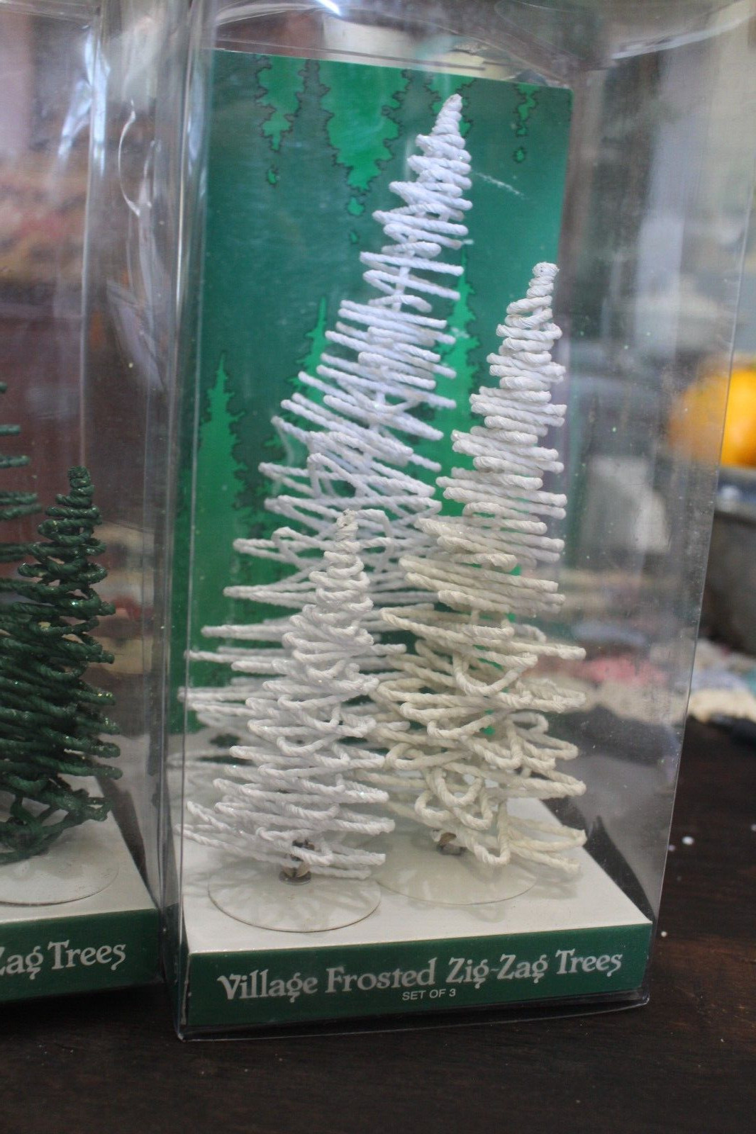 Dept 56 Village Frosted Zig Zag Trees 2 Sets Green and White