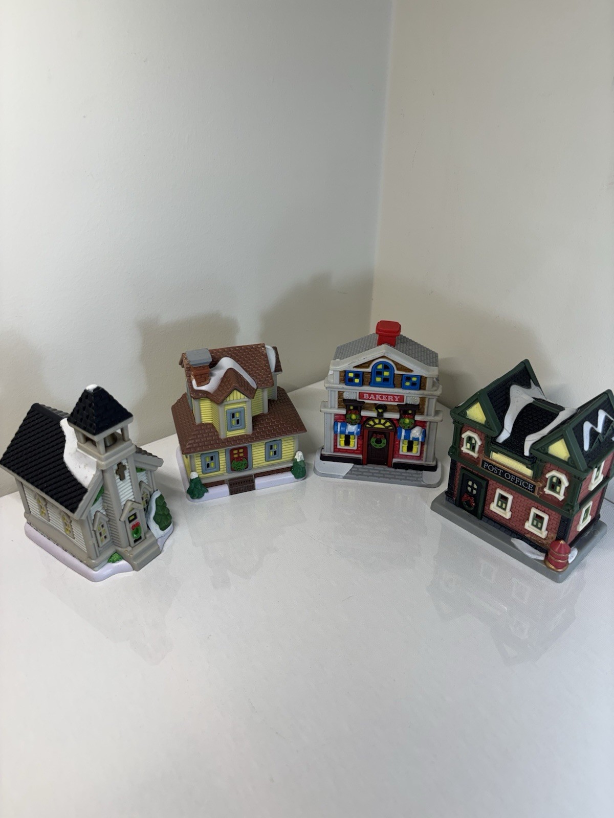 4pc Miniature Christmas Village Buildings Set: Bakery Post Office House Church