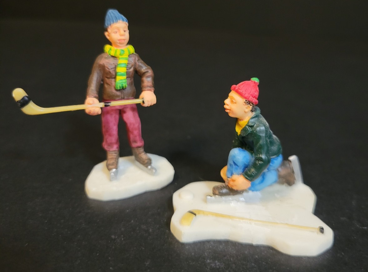 Lemax Christmas Village Town Time Out 92358 Boys Playing Hockey Stick Ice Skate