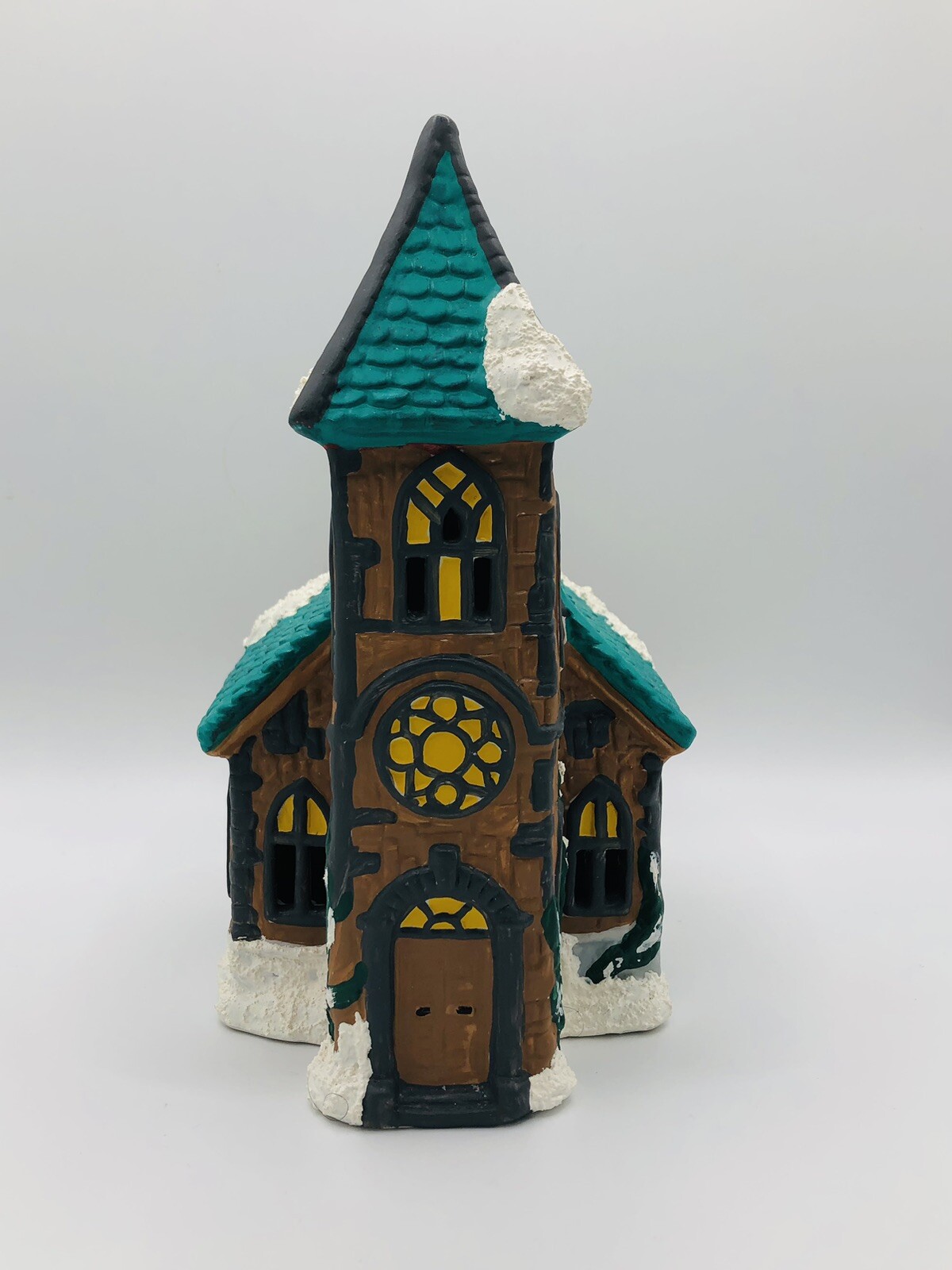 Vintage Bisque Porcelain Church Teal Brown Snow Christmas Caldors Hand Painted