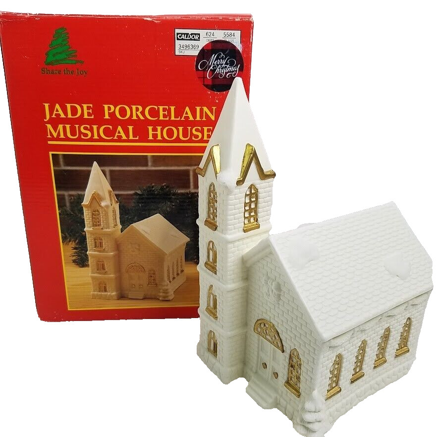 Vintage Jade Porcelain Musical House Church Christmas Village Share The Joy