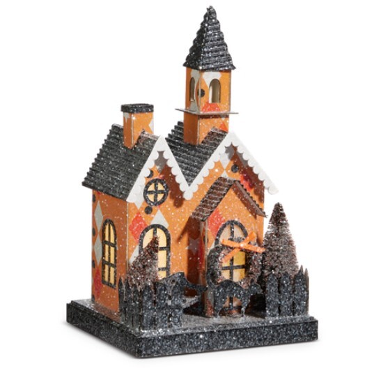 9″ Halloween Putz House Church Orange Black Retro Vntg Halloween Village Decor