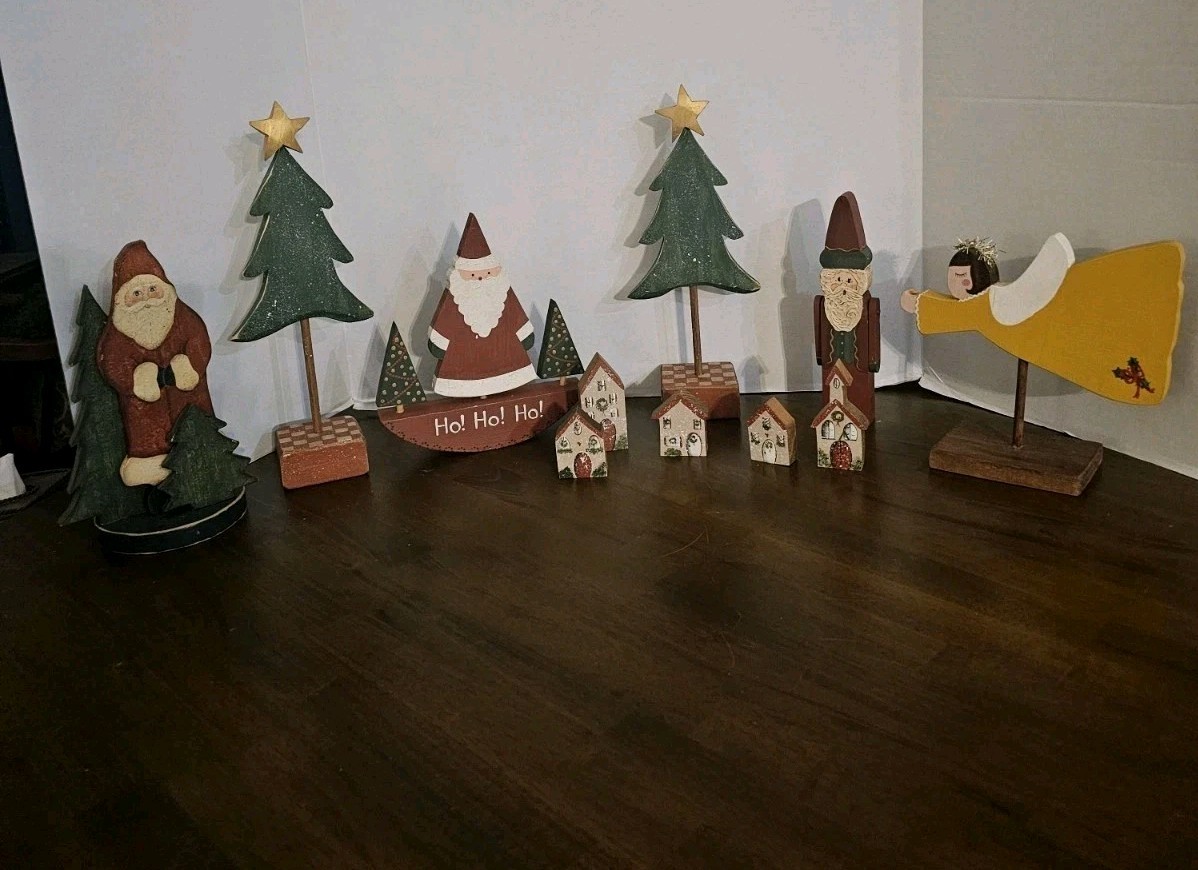 Primitive Folk Art Wooden Christmas Lot Collection Santa Trees, Village, Angel