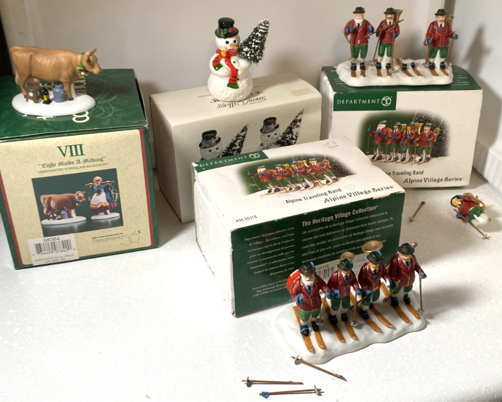 Lot Of Department Dept 56 Christmas Figures Snowman Skiers Alpine Needs TLC