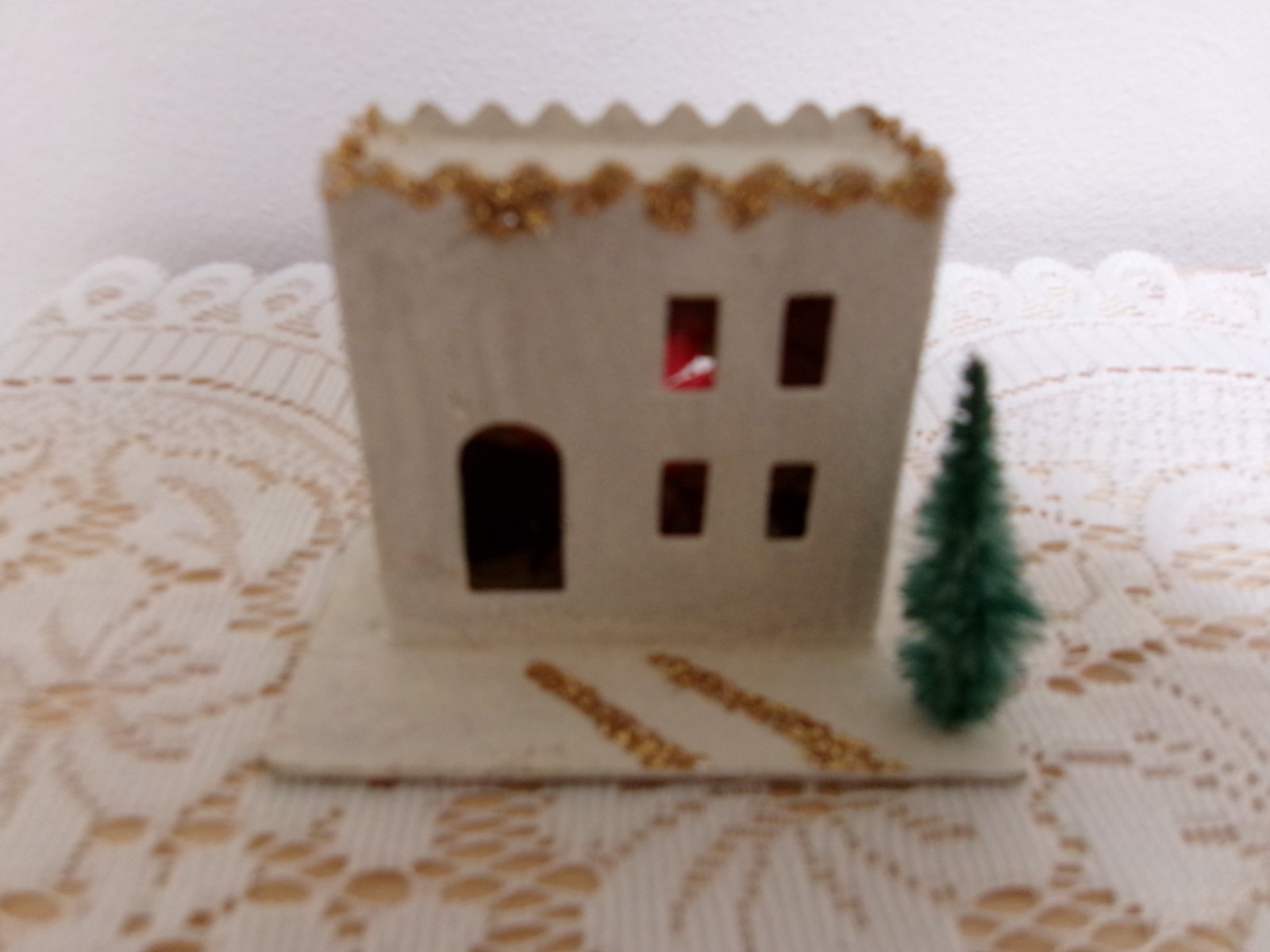 Vintage Cardboard House Christmas Decor Putz JAPAN Mica Glitter Bottlebrush Tree