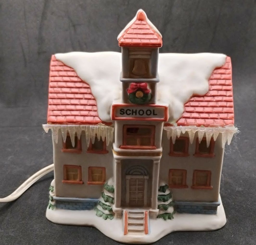VTG HOMCO Christmas Village School House Building with Working Light (Red) 5108