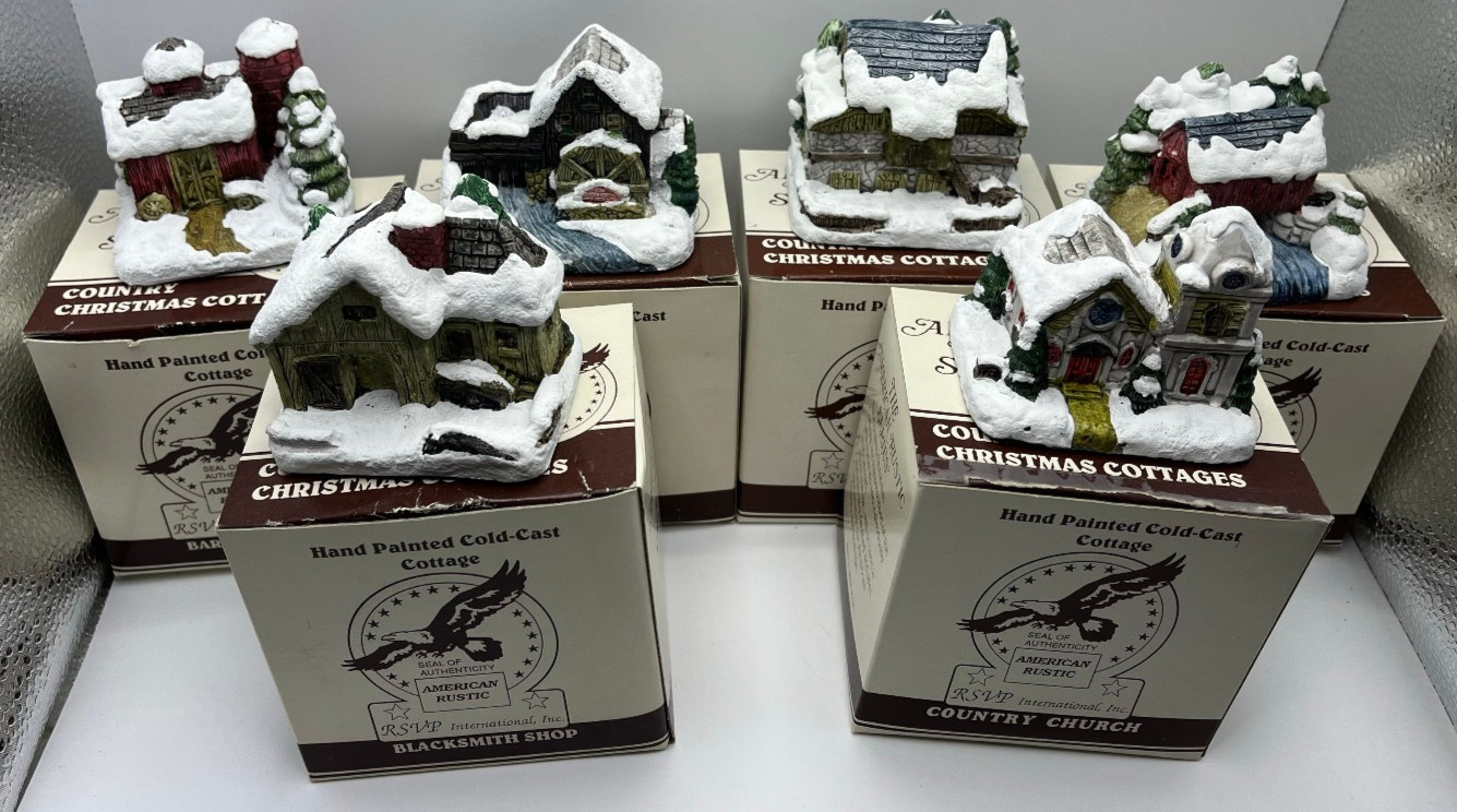 Set of 6 1989 RSVP American Rustic Series Painted Country Christmas Cottages