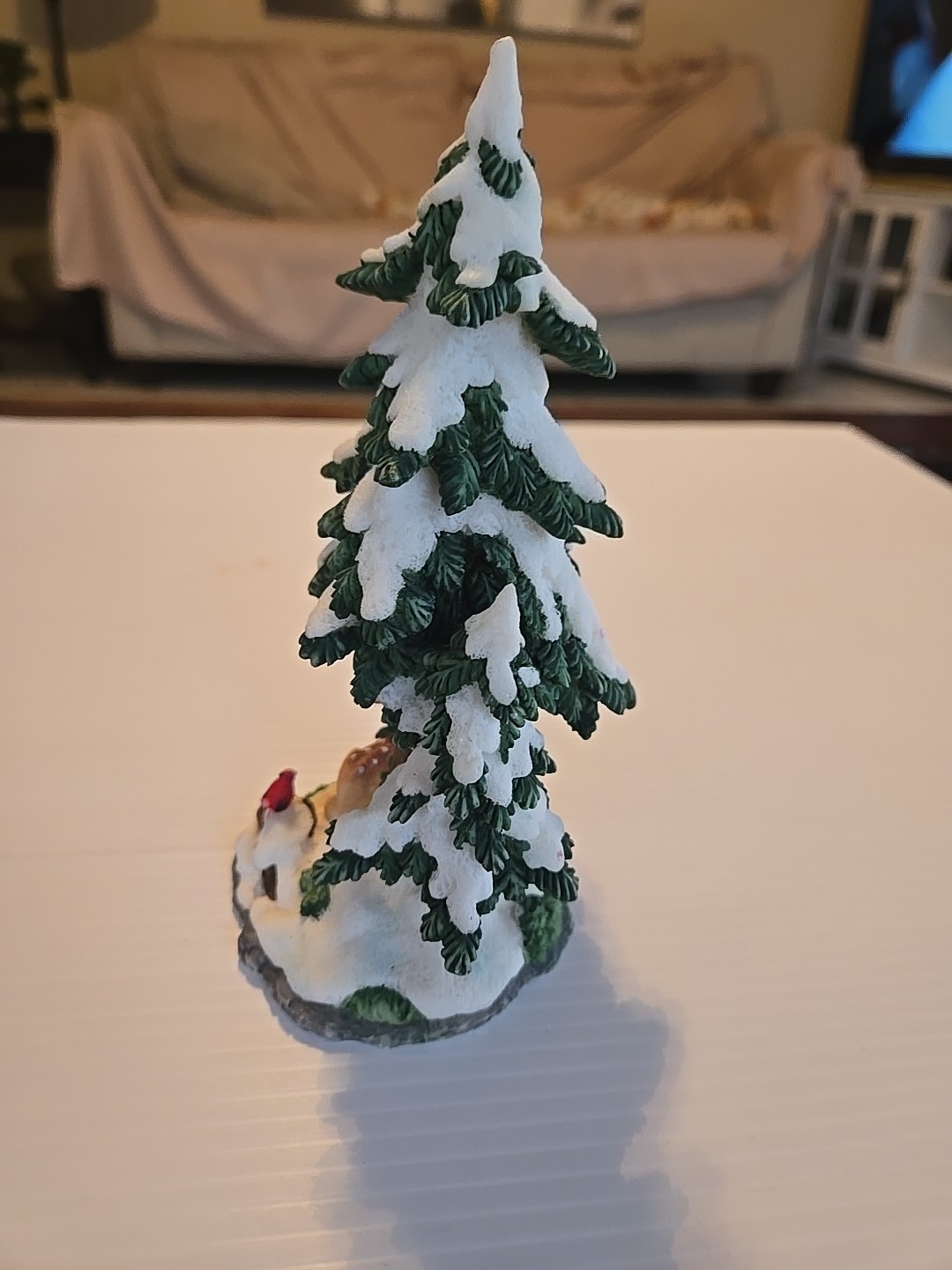 Winter Woodland Scene w Fawn Deer Cardinal Snow Pine Trees, 7″