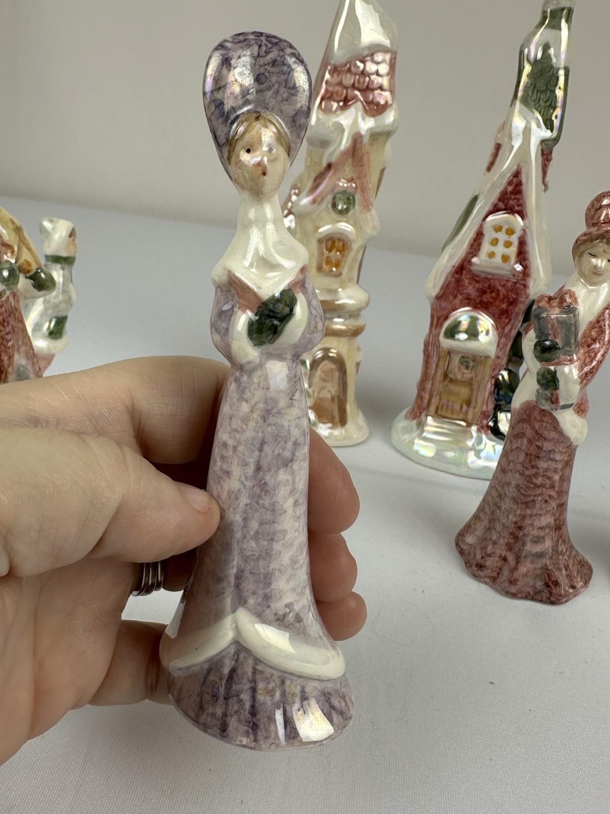 Vintage Iridescent Ceramic Christmas Carolers & Village Houses Set
