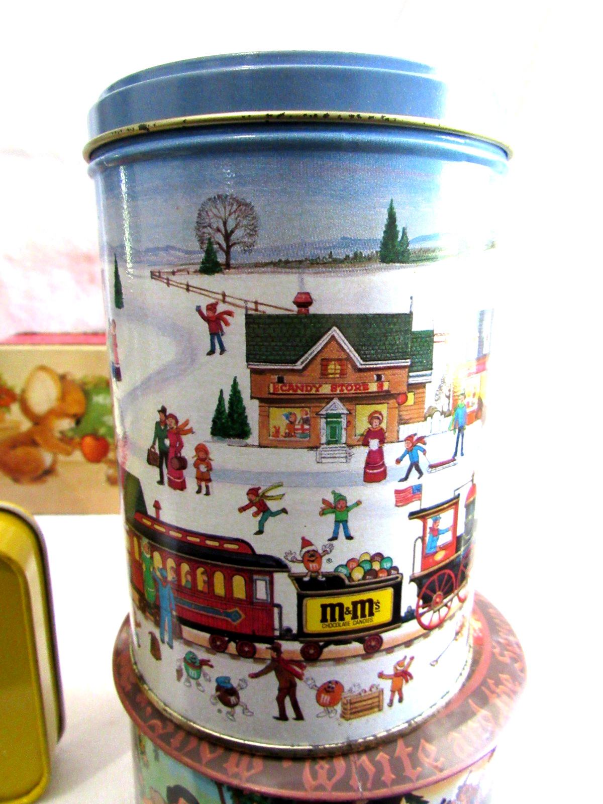 7 Advertising Tins Lot -Snow White,Texaco, M&M, Peter Pan,Fire Dept, Good House+