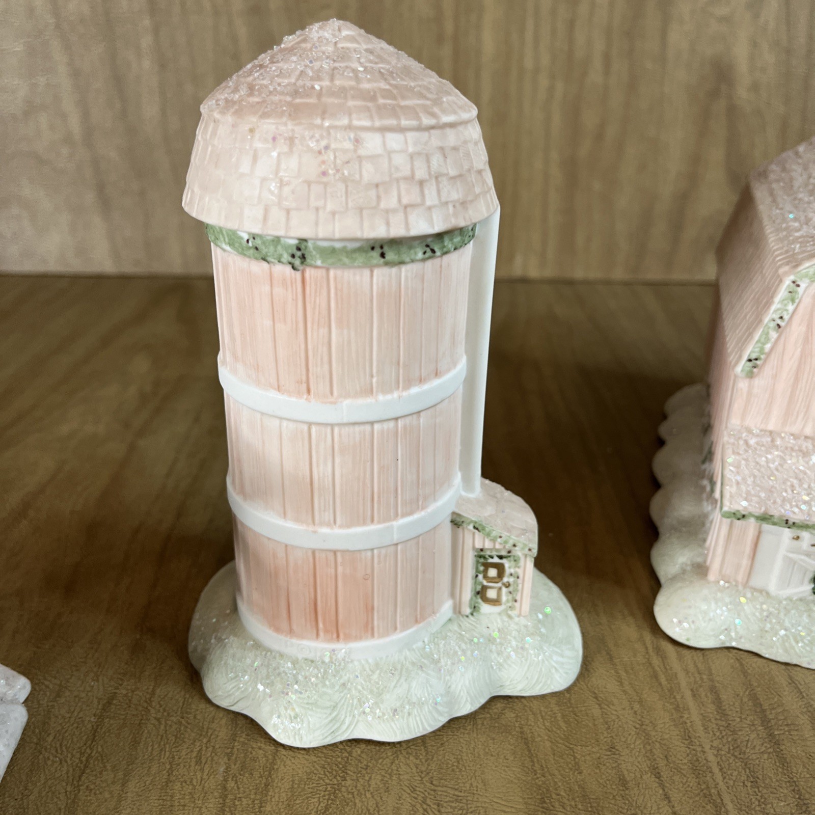 Hand Painted Ceramic Barn Silo Gazebo Christmas Village Glitter Snow Decor