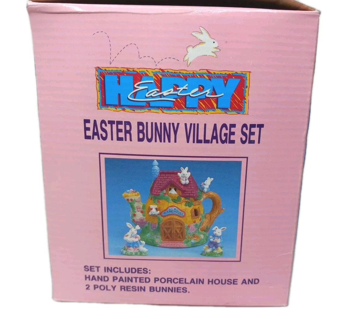 Vintage Happy Easter 5″ Bunny Village Set Porcelain Warehouse Anthropomorphism