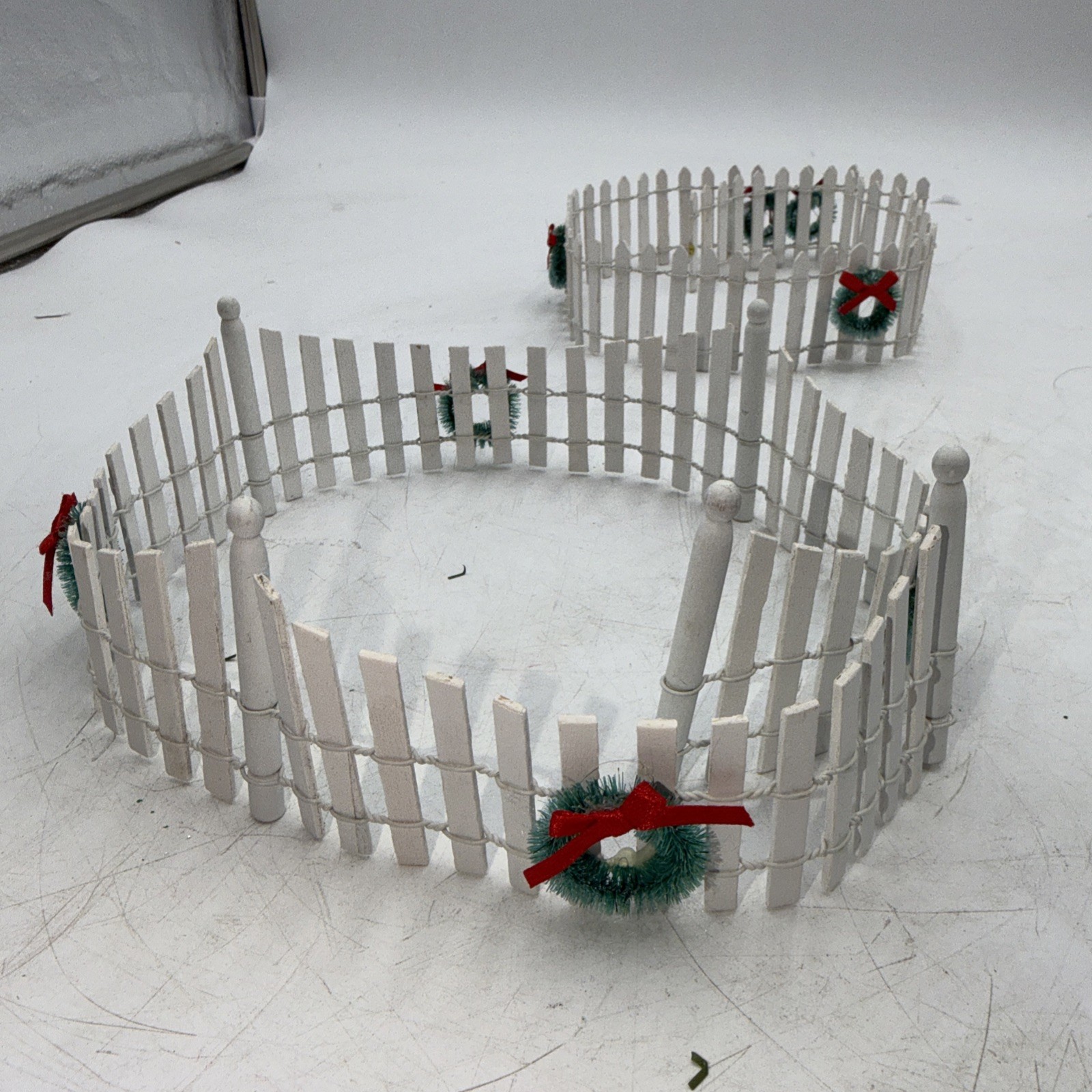 Christmas Village White Picket Fence 52” x 2″ Bendable Green Wreaths Red Bows