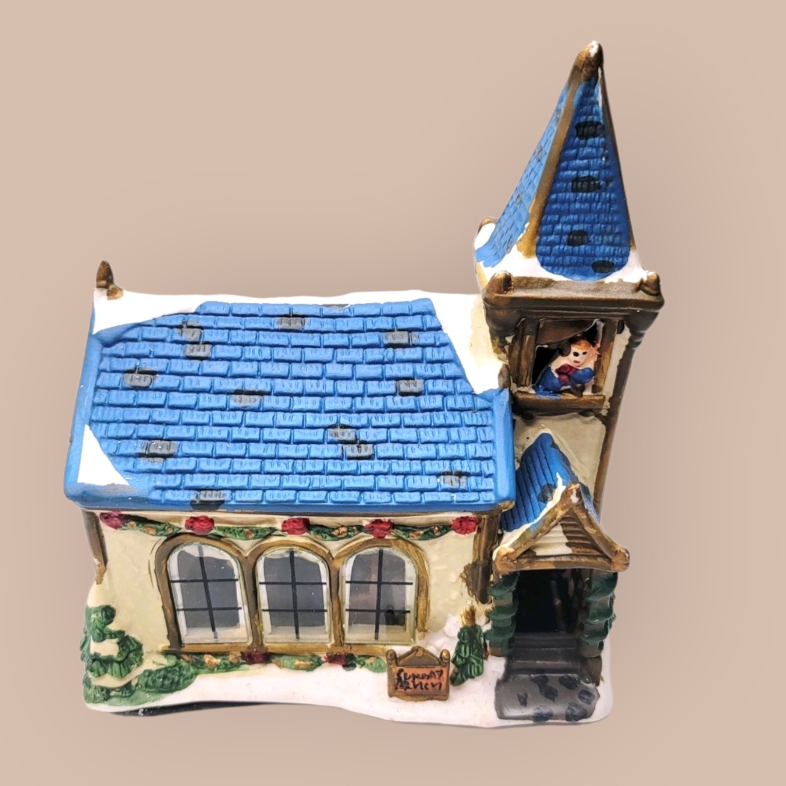 Hand Painted Ceramic Church Village Figurine Blue Roof Bell Tower Christmas