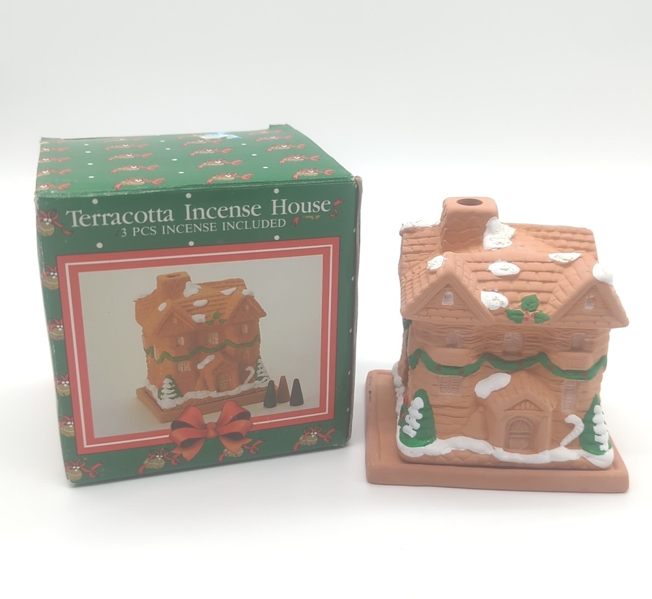 Vintage Holiday Christmas Terracotta Incense House 4.5″ Log Cabin Gingerbread