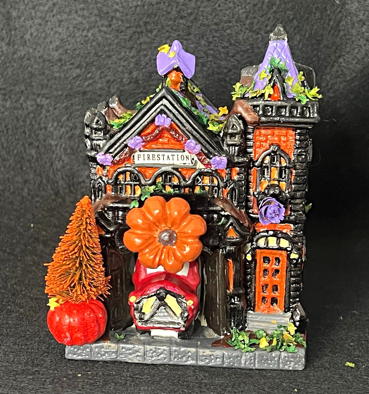 Halloween Village House Fire Station w/ Pumpkins & Truck