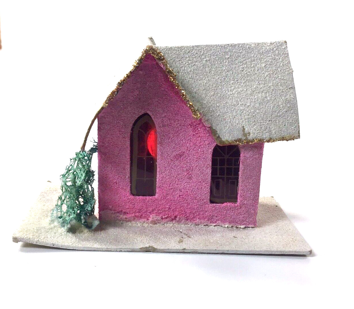 Vintage Putz Christmas Pink House White Roof w/ Tree Glitter Cardboard