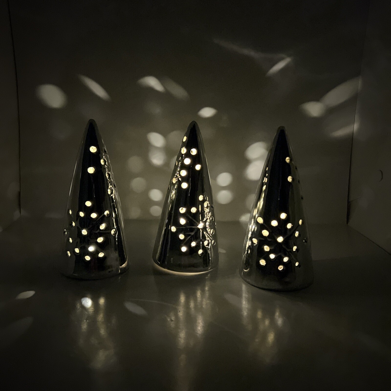 3 Christmas Tree Luminaries Cone Shaped LED Silver Ceramic/Porcelain? 2.5×5” SEE