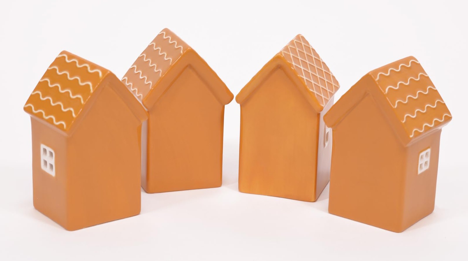 Ceramic Holiday LED Lit Gingerbread Festive Village Houses, 4 Inch, Set of 4