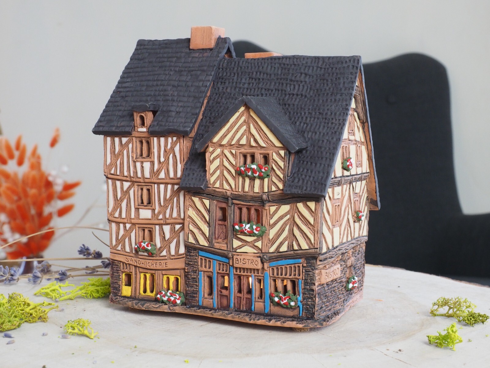 Ceramic Tealight Holder Miniature House in Rennes, France 15 cm Midene Handmade