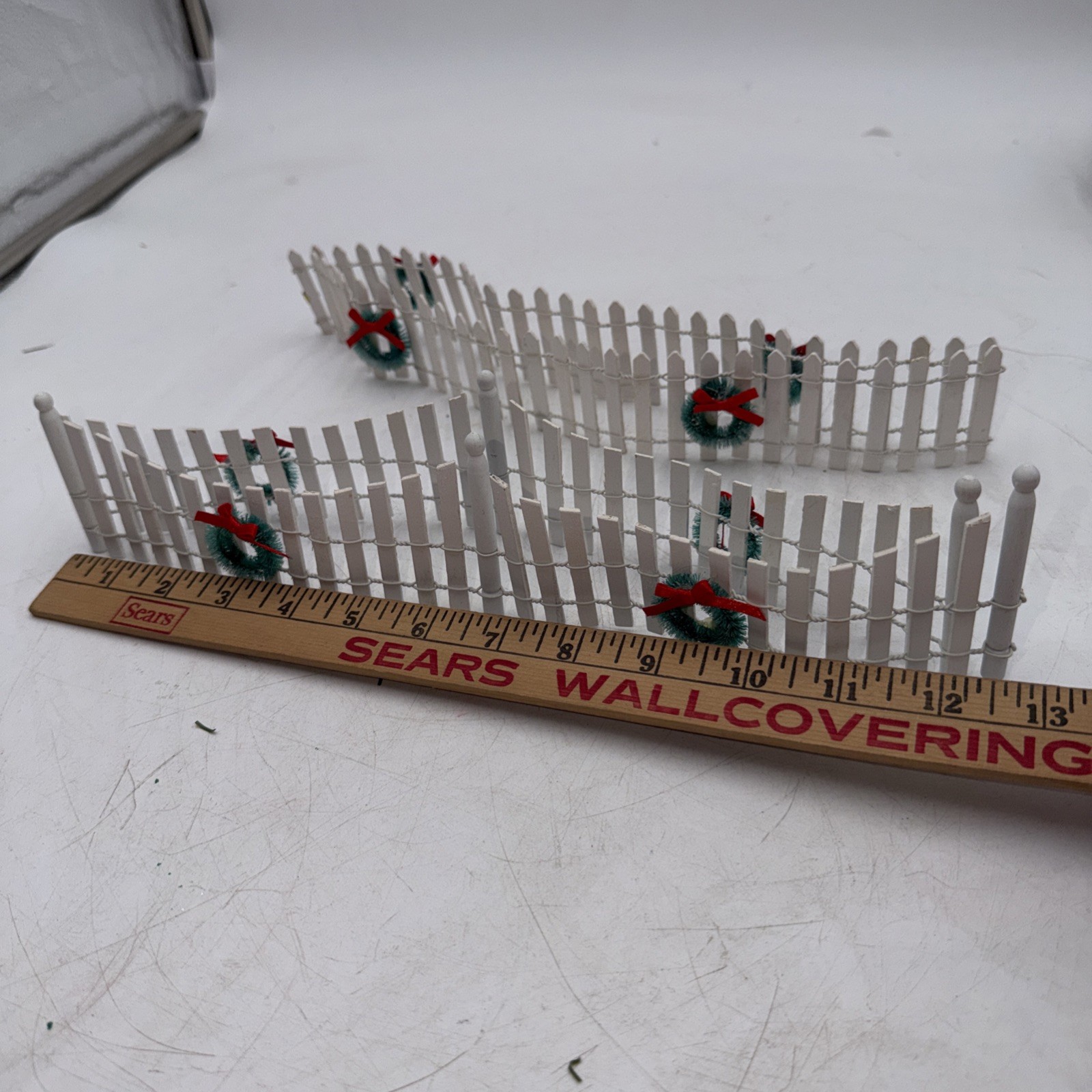 Christmas Village White Picket Fence 52” x 2″ Bendable Green Wreaths Red Bows