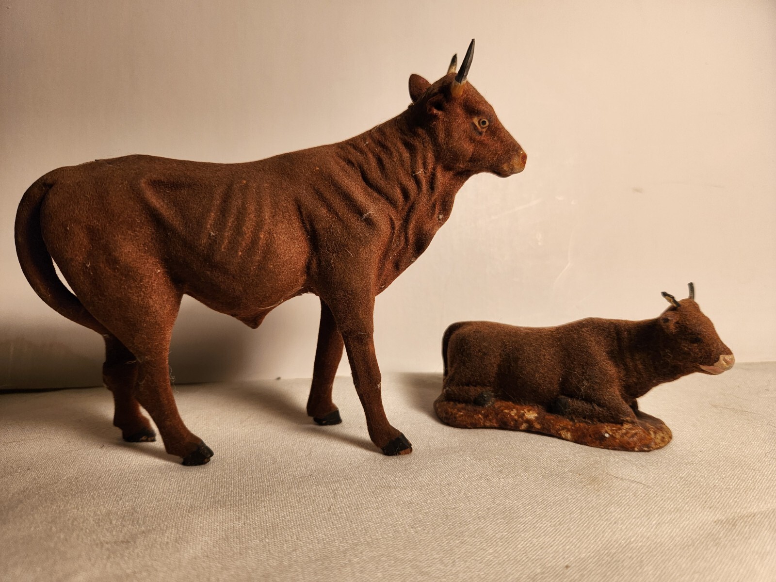 Old Pair Of Flocked Composition Cow & Calf For Christmas Village – France