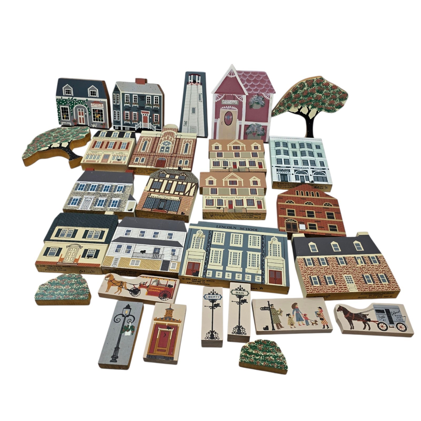 Lot of Vintage The Cats Meow Village & Other Wooden Shelf Sitters – READ BELOW!