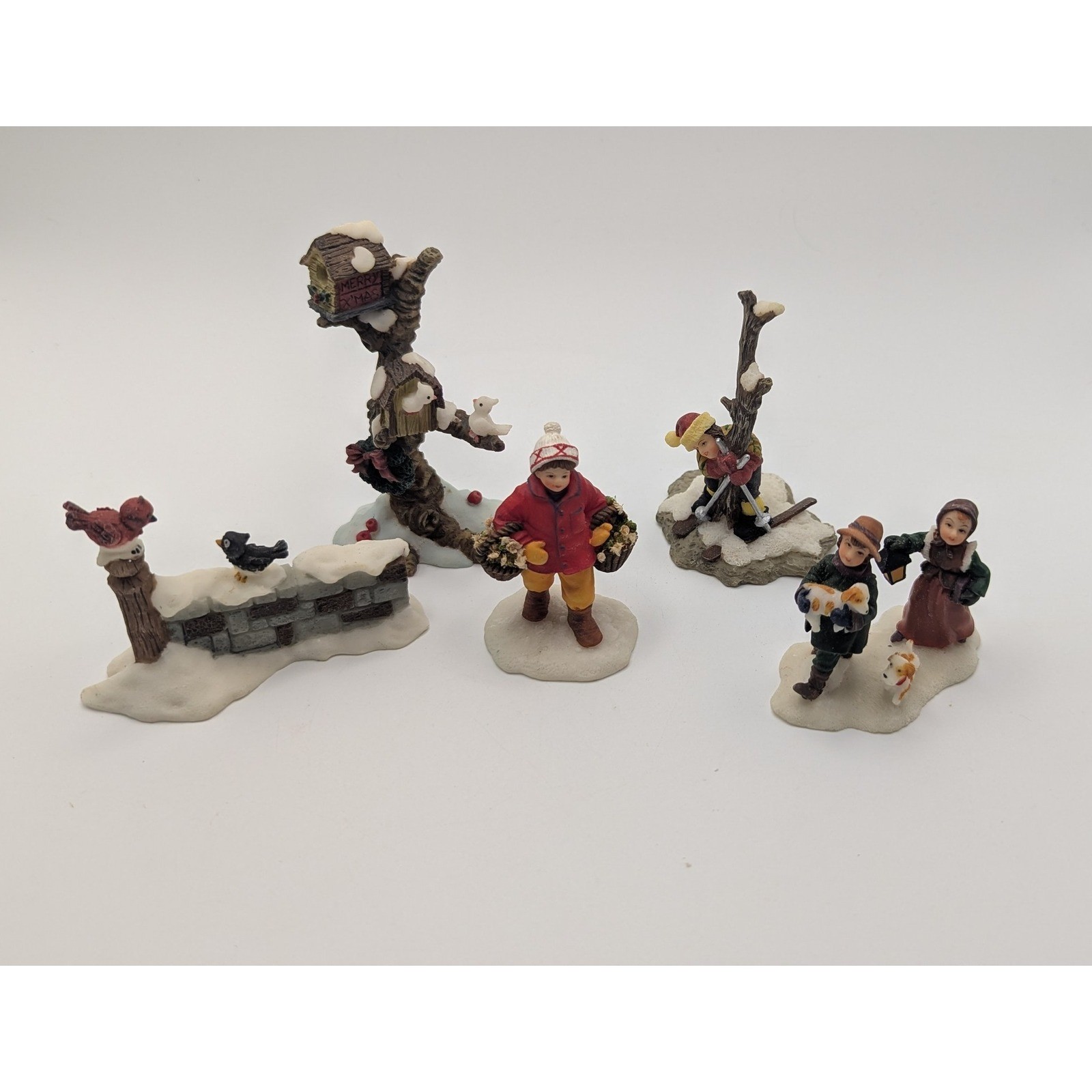 O’Well Christmas Village Figurines 5 Resin Set Winter People Birds Vtg Decor