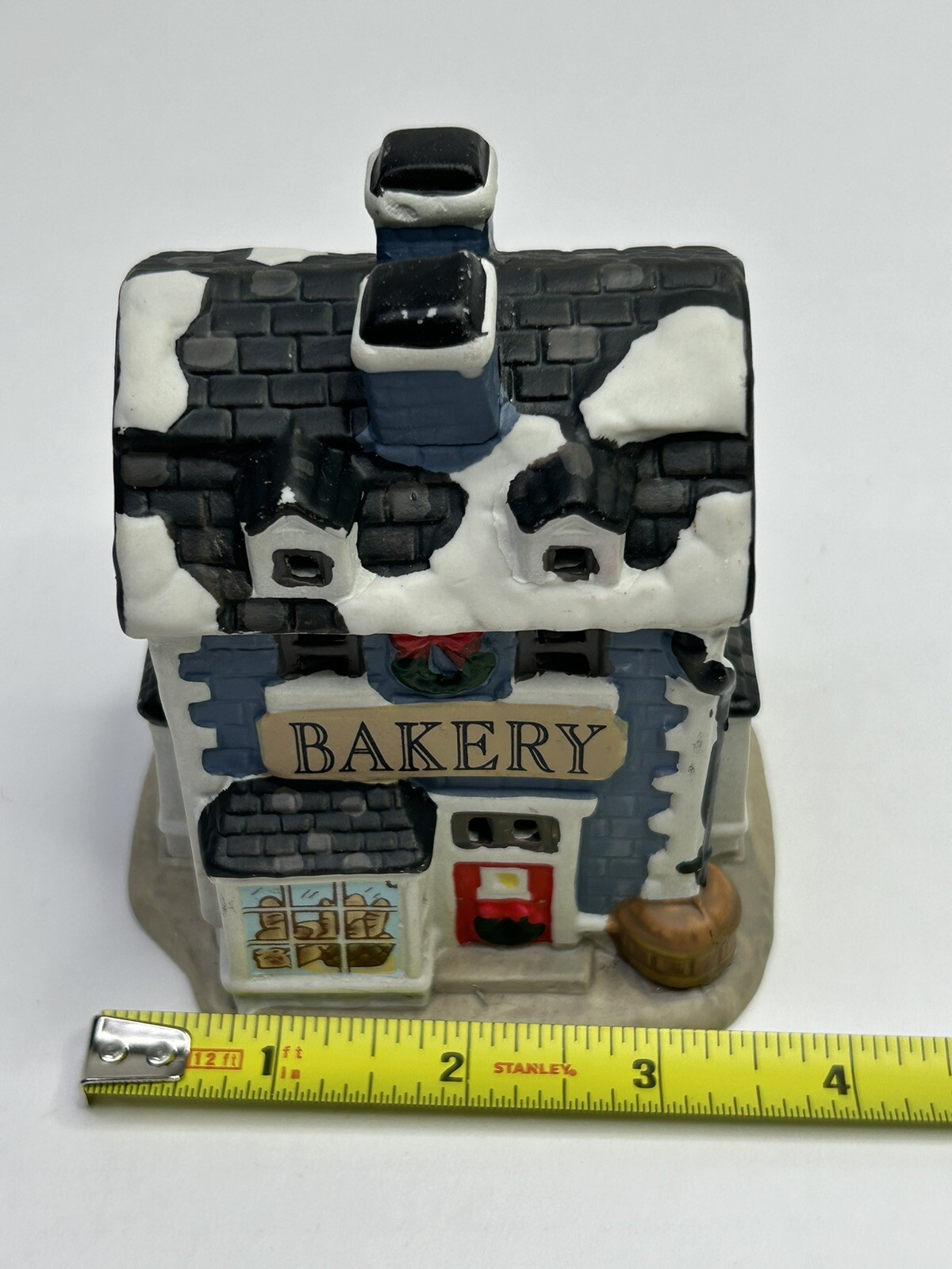 Vintage Porcelain Christmas Small Village Bakery Shop Blue Winter Holiday