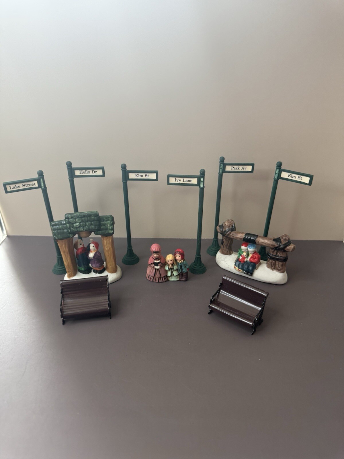 Vintage Christmas Village Pieces -Figures- Bench – St Signs -Miniature LOT OF 11