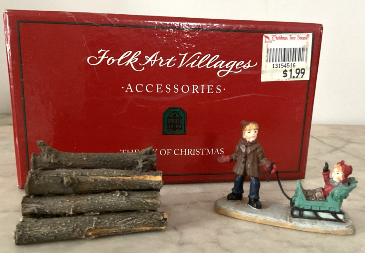 Folk Art Villages Joy of Christmas Boy Pulling Child in Sled, Woodpile accs 1997